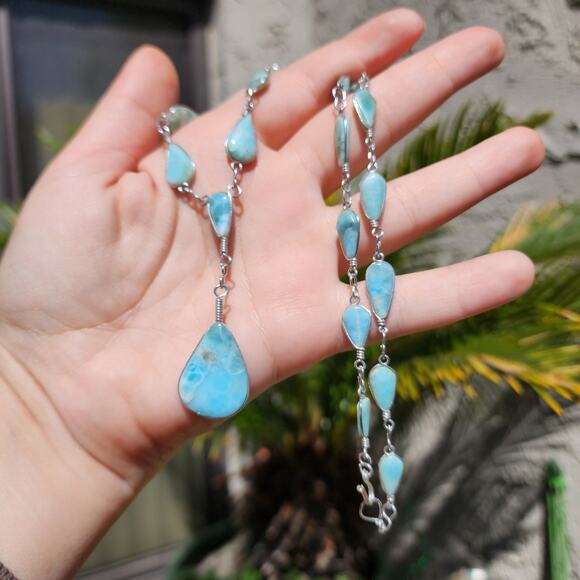 Vtg Larimar Lariat Necklace Aluminum Silver Wire Wrapped Teardrop Pear Gemstone - Picture 13 of 15